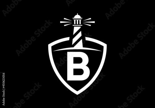Initial B monogram alphabet in a shield with the lighthouse. Harbor logo. Font emblem. Modern vector lighthouse logo for business, organization, or website