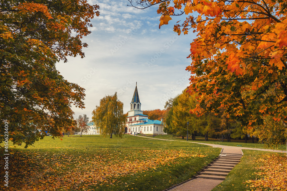View of architectural complex in Kolomenskoye on autumn . Moscow. Russia