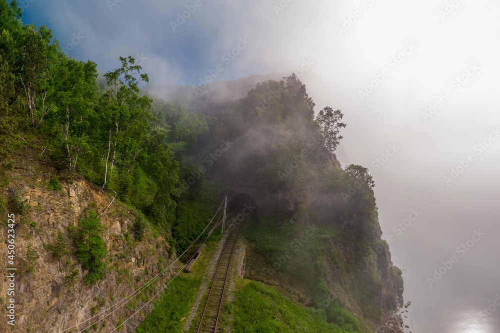 Tunnel on the Circum-Baikal Railway in the fog