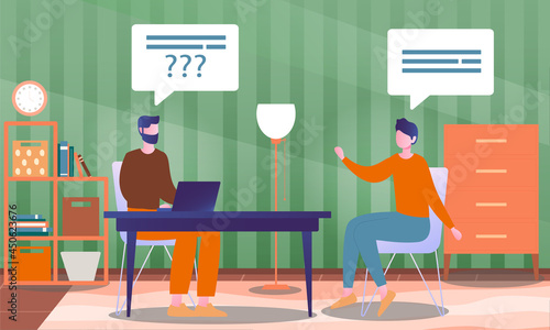 Male character is interviewing a famous person in studio fro a tv show. Concept of television or internet broadcast with journalist talking to a celebrity. Flat cartoon vector illustration
