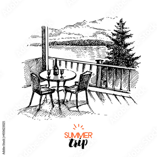 Hand drawn vintage family vacation banner. Sketch retro summer trip vector illustration