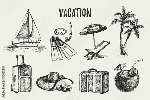 Hand drawn vintage travel vacation set. Sketch retro summer trip vector illustration