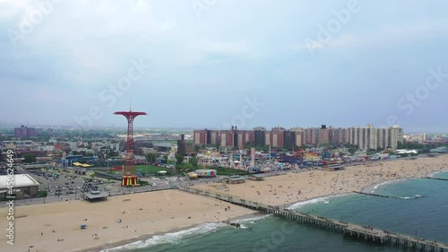 Scenic Aerial Slider Shot of Coney Island and Coney Island Beach photo