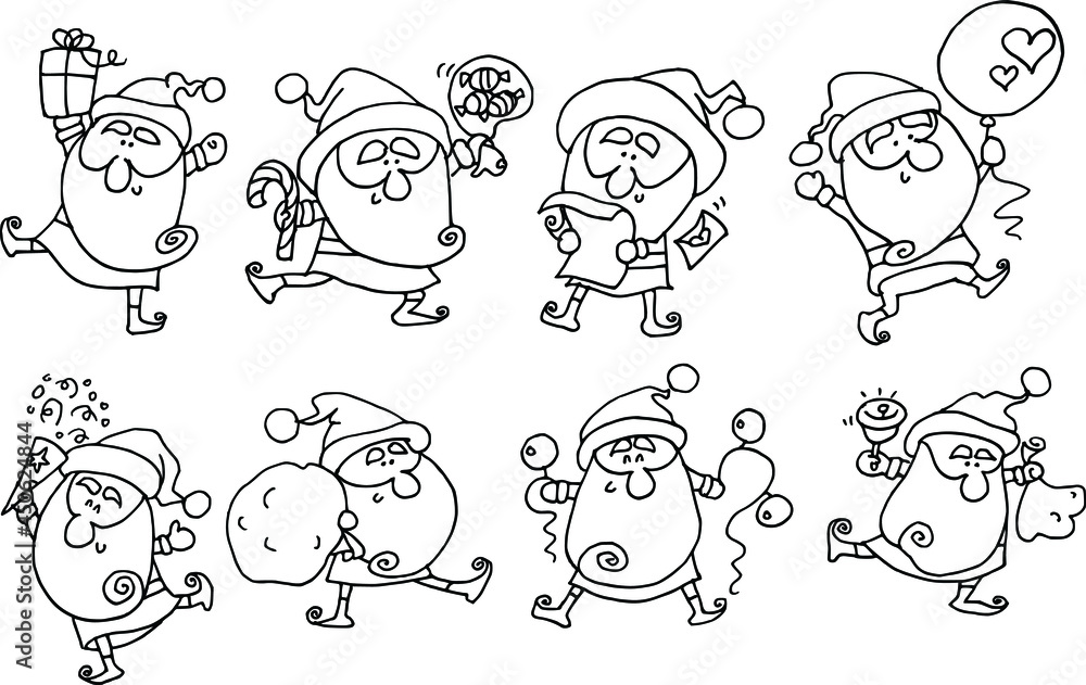 Vector illustration black and white cartoon Santa Claus action series