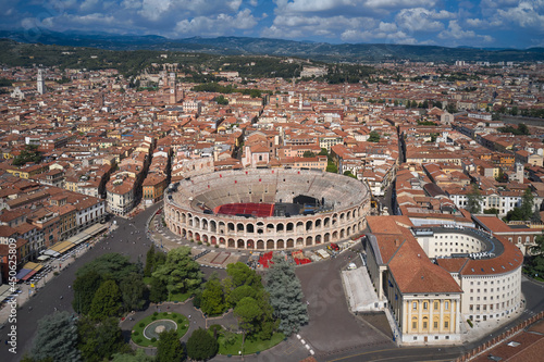 Verona, Italy aerial view of the historic city. Aerial panorama of the famous Piazza Bra in Verona. Famous Italian amphitheater aerial view. Monument to Unesco Arena di Verona in Italy top view.