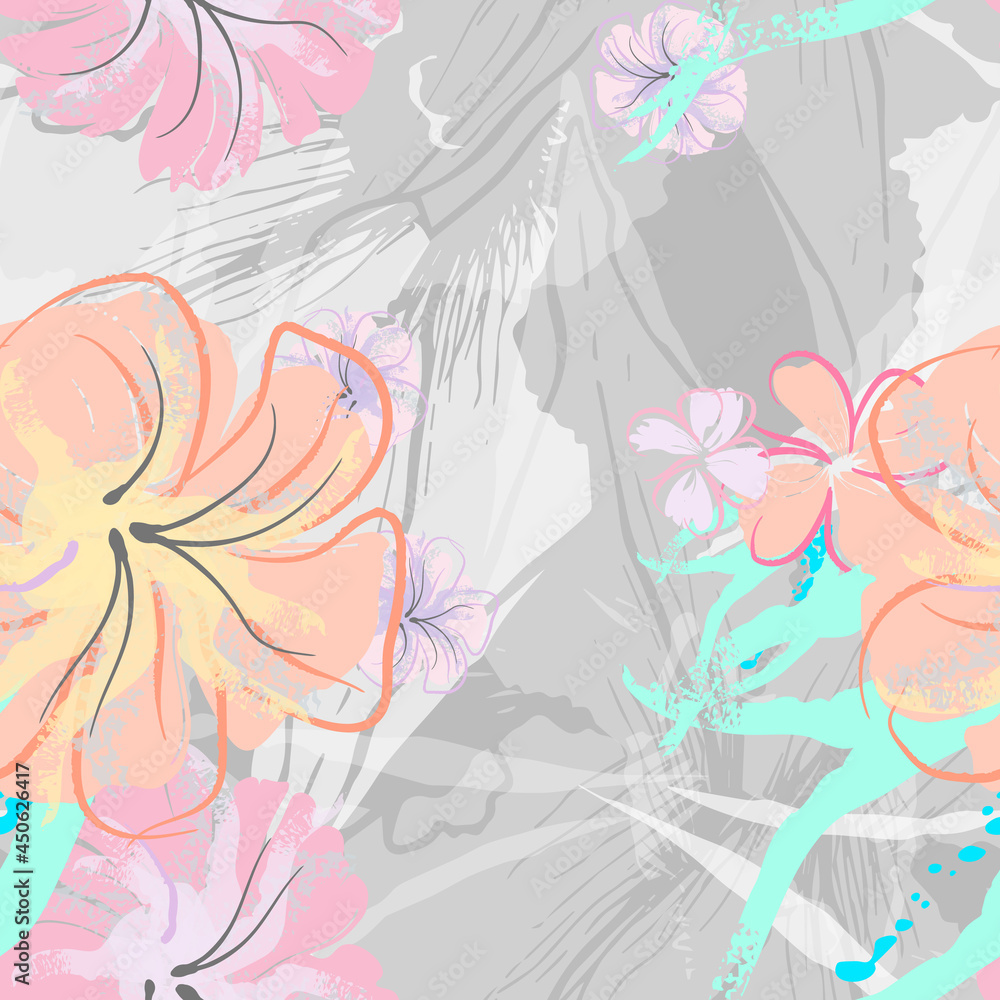 Pink Flowers Blooming Pattern. Pastel Watercolor. Pink Flowers Blooming Pattern. Pastel Watercolor.
