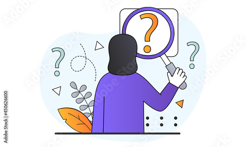 Female character holding magnifying glass and looking through at question marks. Concept of frequently asked questions, query, investigation, search for information. Flat cartoon vector illustration