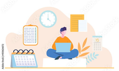 Young male character is planning his day in laptop applications. Concept of scheduling appointments on mobile device in calendar application. Man adding reminders. Flat cartoon vector illustration