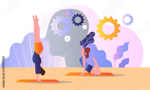 Female characters are doing yoga and meditation as psychological body treatment. Consciousness practice and moment. Concept of mindfulness as mental mind peace. Flat cartoon vector illustration