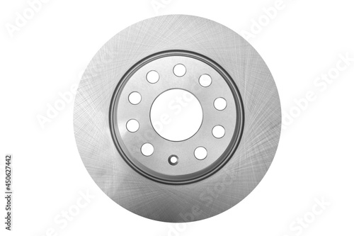 Car brake disc isolated on white background. Auto parts. Brake disc rotor isolated on white. Braking disk. Car part. Spare parts. Quality spare parts for car service or maintenance