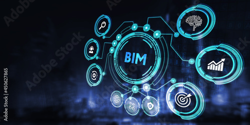 The concept of business, technology, the Internet and the network. virtual screen of the future and sees the inscription: BIM