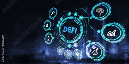 DeFi -Decentralized Finance on dark blue abstract polygonal background. Concept of blockchain, decentralized financial system.