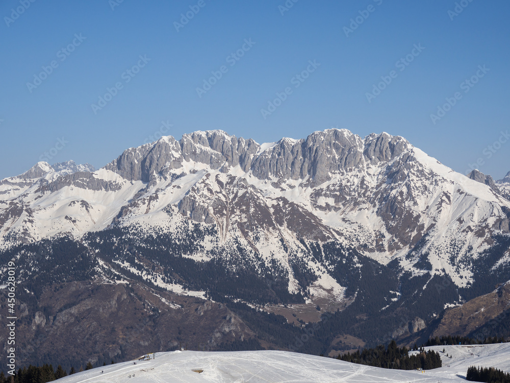Presolana is a famous mountain range of the Italian Alps. Wonderful landscape in winter time with snow. Orobie mountains. Italy. Alpine landscape