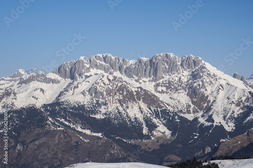 Presolana is a famous mountain range of the Italian Alps. Wonderful landscape in winter time with snow. Orobie mountains. Italy. Alpine landscape © Matteo Ceruti