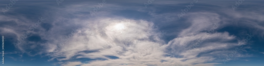 Obraz premium Blue sky panorama with Cirrus clouds. Seamless hdr 360 degree pano in spherical equirectangular format. Complete zenith for 3D visualization, game and sky replacement for aerial drone 360 panoramas.