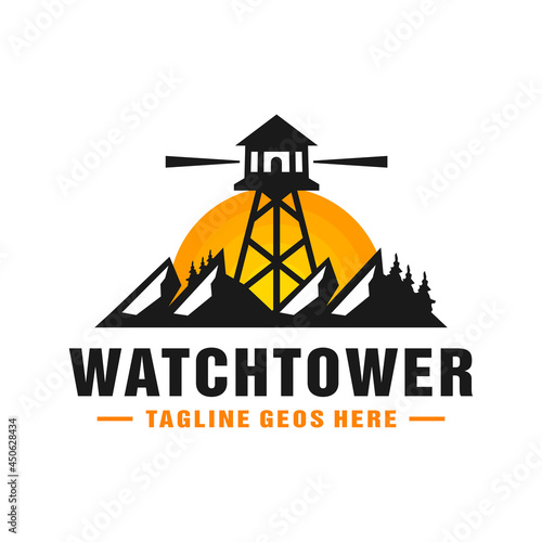 watchtower illustration logo on the mountain photo