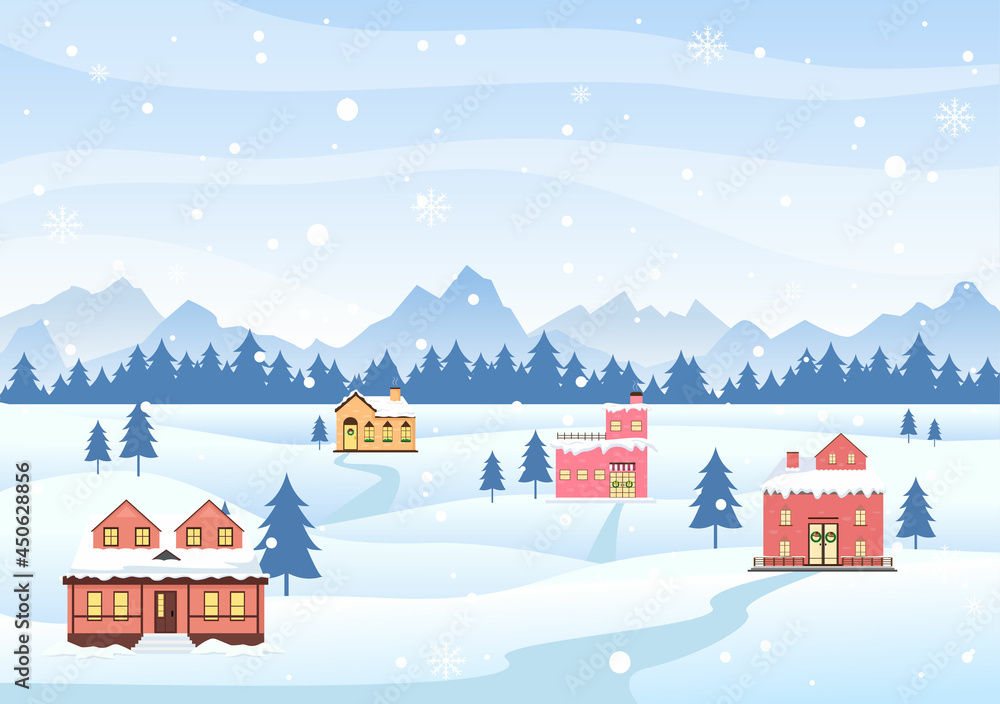 Winter Landscape With House Background, Panorama Snowfall, Town, Trees Or Mountain Silhouette. Christmas and Happy New Year Vector Illustration