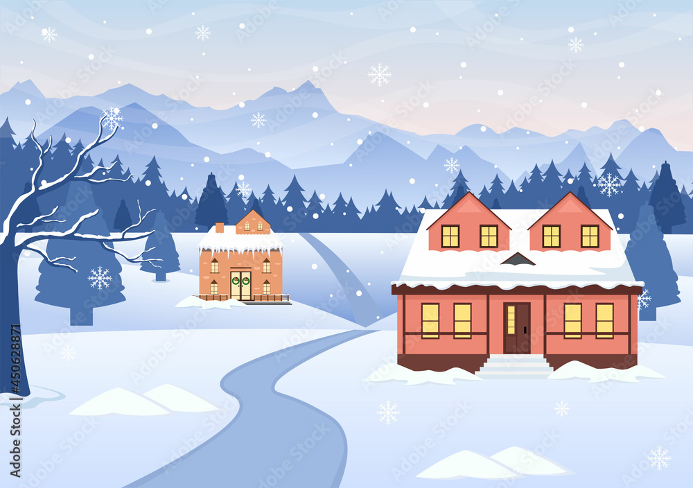 Winter Landscape With House Background, Panorama Snowfall, Town, Trees Or Mountain Silhouette. Christmas and Happy New Year Vector Illustration Winter Landscape With House Background, Panorama Snowfall, Town, Trees Or Mountain Silhouette. Christmas and Happy New Year Vector Illustration