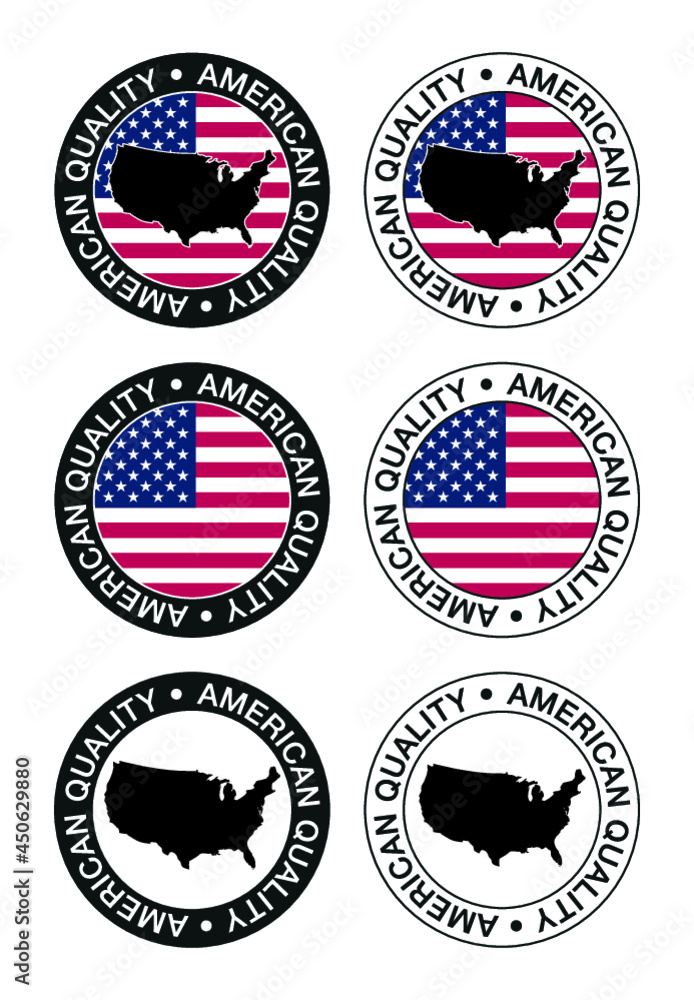 Set of labels, stamps, badges, with the American map and flag. American quality.