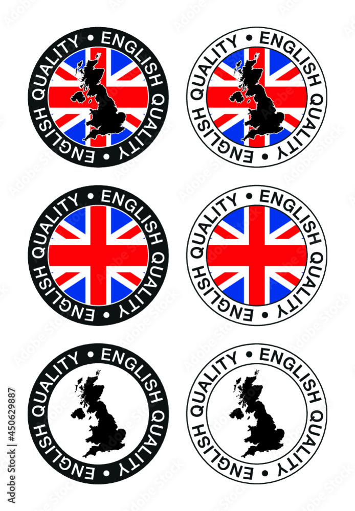 Obraz premium Set of labels, stamps, badges, with the English map and flag. English quality.