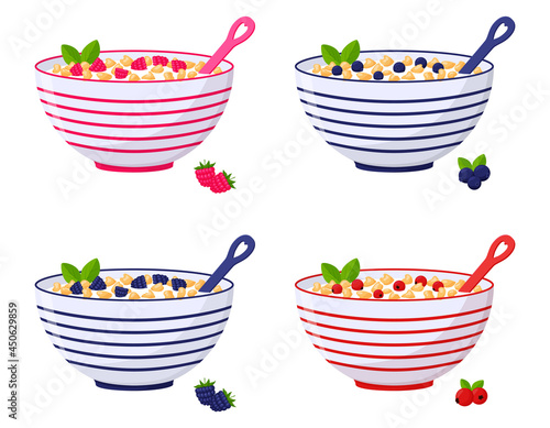 A set of bowls of cereal, corn flakes with berries, raspberries, blueberries, cranberries, blackberries. Healthy breakfast, oatmeal porridge. Flat cartoon style, isolated on a white background.