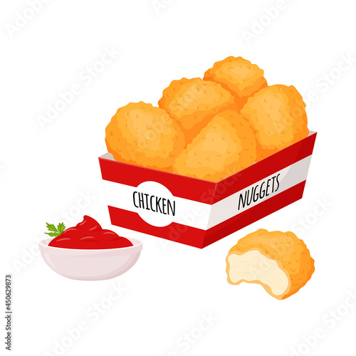 Chicken nuggets in a box and a bowl with ketchup sauce and herbs. Fast food, snacks, meat food. Fatty, high-calorie food. Flat cartoon style, isolated on a white background.Color vector illustration