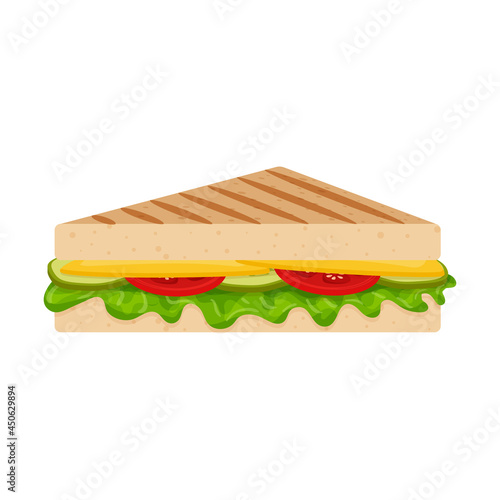 Grilled sandwich with herbs, cheese, tomatoes and cucumbers. Fast food, snacks. Flat cartoon style, isolated on a white background.Color vector illustration