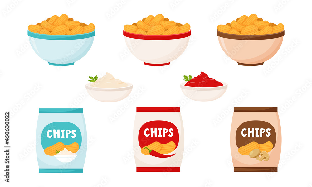 A set with chips in a package and in a bowl. Chips with sour cream, mushrooms and chili pepper. Fast food. Fatty, high-calorie food. Flat cartoon style, isolated on a white background.