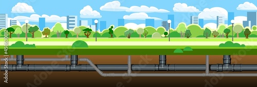Pipeline for various purposes. Underground part of system. Against backdrop of big city. Illustration vector