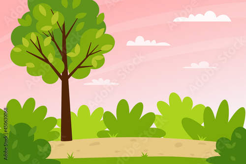 Horizontal spring summer landscape. Sunset  pink sky. A forest with trees  bushes  and a path. Clear weather. Color vector illustration. Nature background with empty space for text