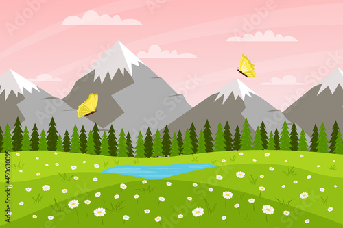 Horizontal spring summer landscape. Sunset  pink sky. Mountains  lake  forest  flying butterflies. Clear weather. Color vector illustration. Nature background with empty space for text