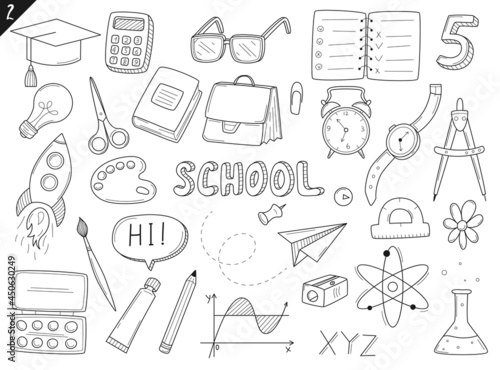 Set of doodle outline icons back to school. School items, supplies, stationery, Hand-drawn black and white vector illustration. Design elements are isolated on a white background