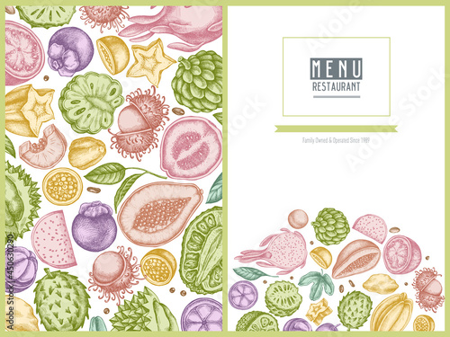 Menu cover design with pastel papaya, guava, passion fruit, starfruit, durian, rambutan, pitaya, jackfruit, sugar-apple, soursop, mangosteen