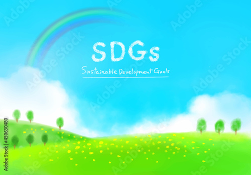SDGsイメージの水彩の青空と草原の風景