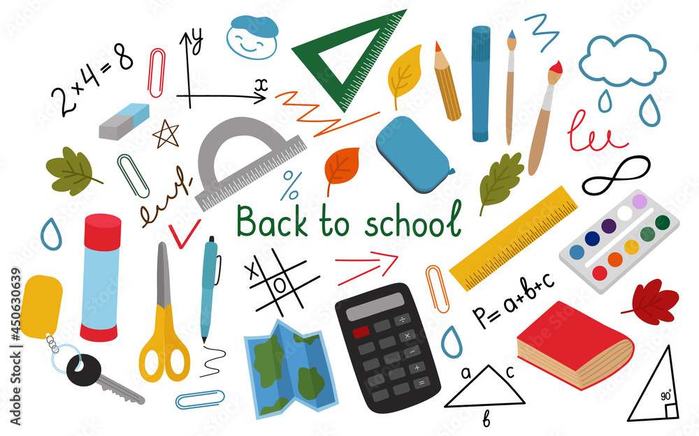 Back to school, a collection of hand-drawn clipart. Calculator, accessories, brushes, ruler, scissors, map, handwriting, book. Vector illustration isolated. Back to school, a collection of hand-drawn clipart. Calculator, accessories, brushes, ruler, scissors, map, handwriting, book. Vector illustration isolated.