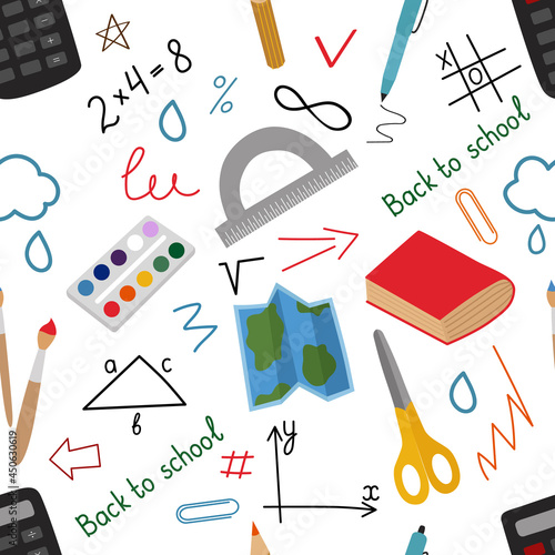 Seamless pattern with elements back to school. Calculator, paints, brushes, map, formulas, handwriting, paper clips, arrows. Bright vector illustration. For printing on paper or fabric