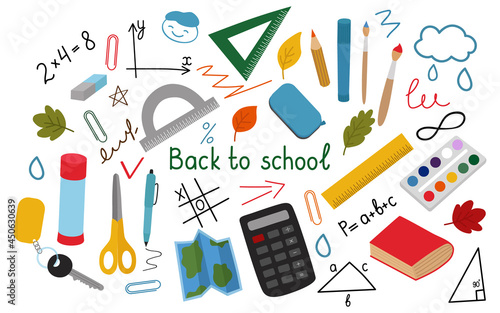 Back to school, a collection of hand-drawn clipart. Calculator, accessories, brushes, ruler, scissors, map, handwriting, book. Vector illustration isolated.