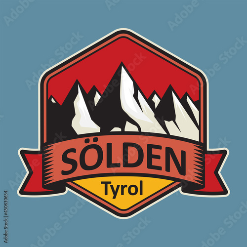Sticker or label with mountains and text Solden, Austria