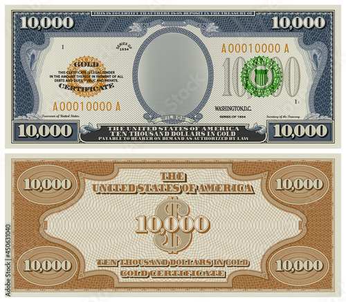 Fictional obverse and reverse of a gold certificate with a face value of 10,000 dollars. US paper money