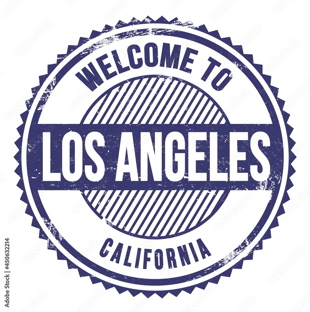 WELCOME TO LOS ANGELES - CALIFORNIA, words written on blue stamp WELCOME TO LOS ANGELES - CALIFORNIA, words written on blue stamp