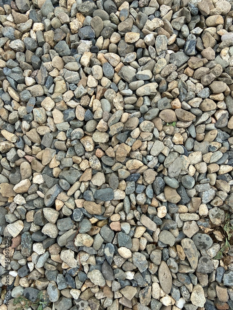 Gravel stones are scattered.  The road is not smooth.  Natural minerals.  Asphalt laying.  Plants through the sidewalk.  Landscape at home