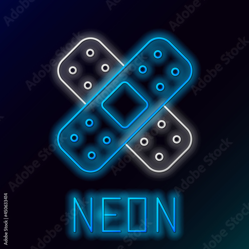 Glowing neon line Crossed bandage plaster icon isolated on black background. Medical plaster, adhesive bandage, flexible fabric bandage. Colorful outline concept. Vector