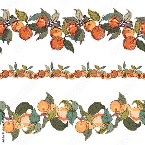 Modern seamless stylized design vector pattern with peaches and apricots in lines on white background