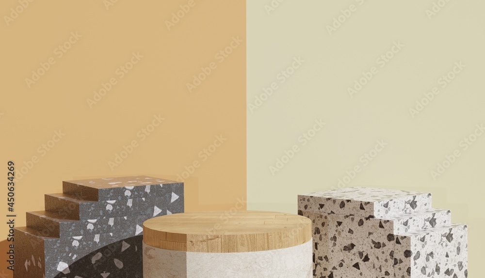 minimal view of terrazzo and wood podium between stairs on the side, premium photo minimal view of terrazzo and wood podium between stairs on the side, premium photo