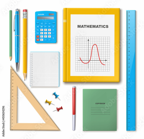 A set of school accessories for design .Vector isolated illustration in a realistic style. Textbook, notebook, ruler, square, pen and pencil on a white background in the flat lay style.