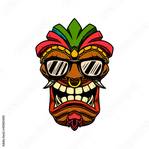 Illustration of tiki mask in sunglasses. For t shirt, poster, card, banner, logo. Vector illustration