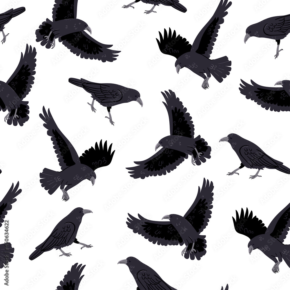 Obraz premium Seamless pattern with crows on a white background. Vector graphics.