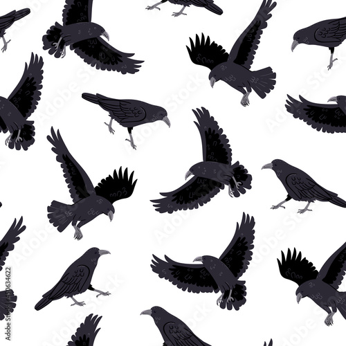 Seamless pattern with crows on a white background. Vector graphics. © Екатерина Зирина