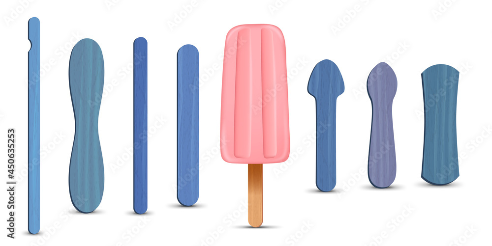 Set of realistic popsicle sticks. Pink strawberry ice cream 3D. Vector illustration, summer season. Set of realistic popsicle sticks. Pink strawberry ice cream 3D. Vector illustration, summer season.