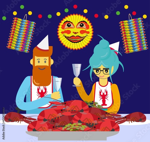 Crayfish party, a swedish August tradition. People cheers and raising glass. Moon lantern and colorful light bulb decoration.